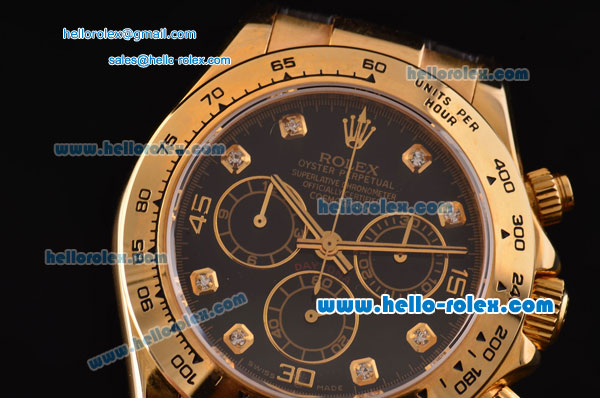 Rolex Daytona Swiss Valjoux 7750-DD Automatic Gold Case with Black Dial and Diamond Markers - Click Image to Close